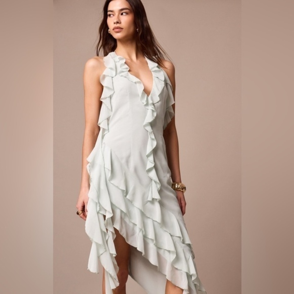 Elegant Sage Chiffon Ruffle Dress